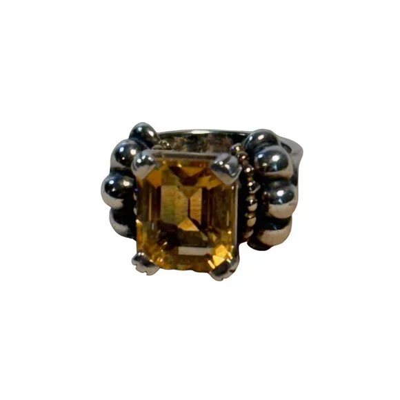 Vintage LAGOS CAVIAR Sterling Silver & 18K Gold Emerald Cut CITRINE Ring 6.75 - Picture 5 of 15